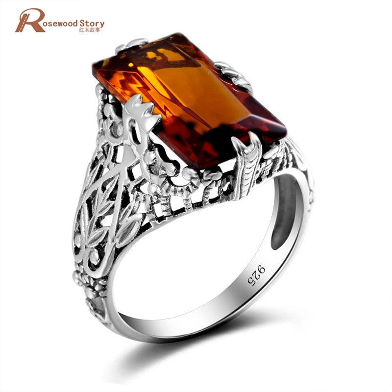 Brand Vintage Real 925 Sterling Silver Big Brown Stone Amber Ring Crown Punk Women Jewelry Victoria Wieck Wedding Cocktail Ring