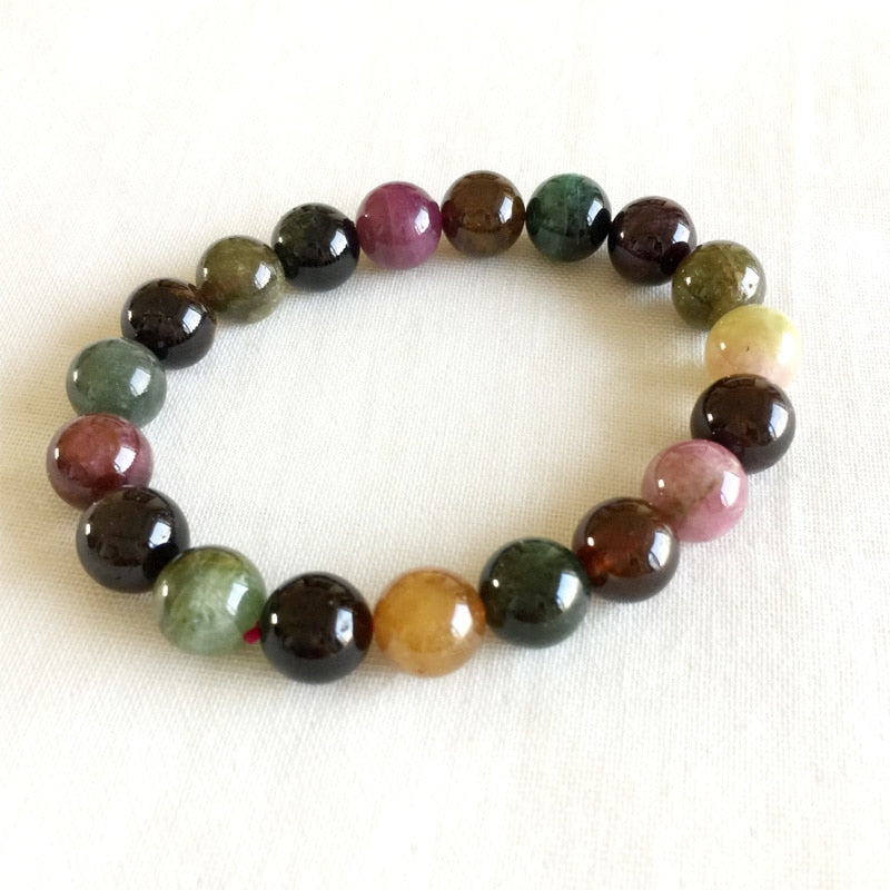 Brazil Natural Genuine Colorful Purple Green Pink Blue Tourmaline Multi-color Bracelet Round beads 10mm 05181