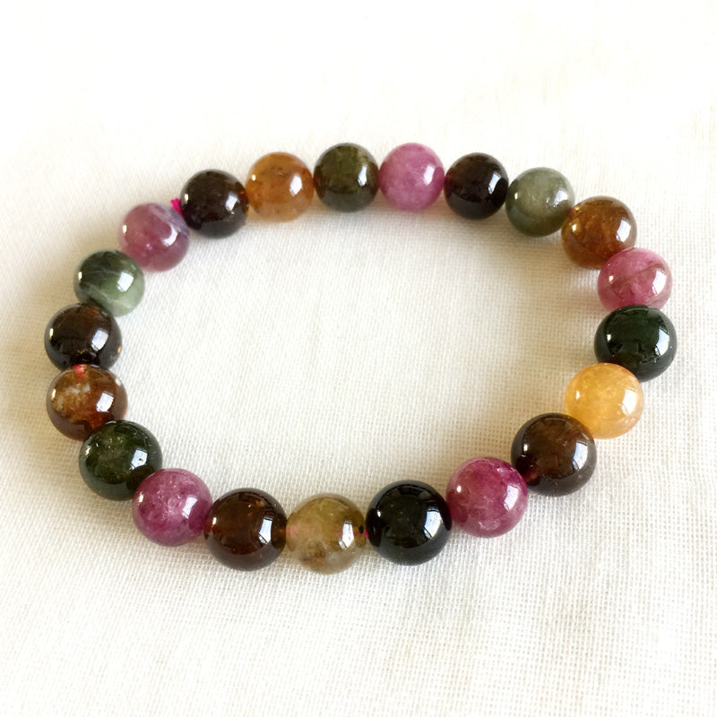 Brazil Natural Genuine Colorful Purple Green Pink Blue Tourmaline Multi-color Bracelet Round beads 9mm 05179
