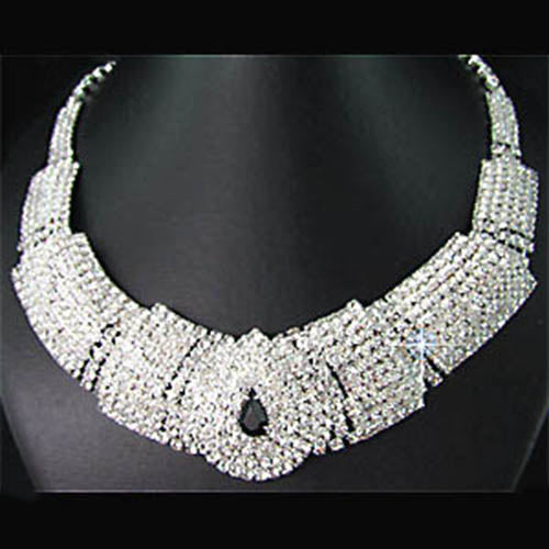 Bridal Black Diamante Crystal Elegant Necklace Earrings Jewelry Set for Wedding Party A95I