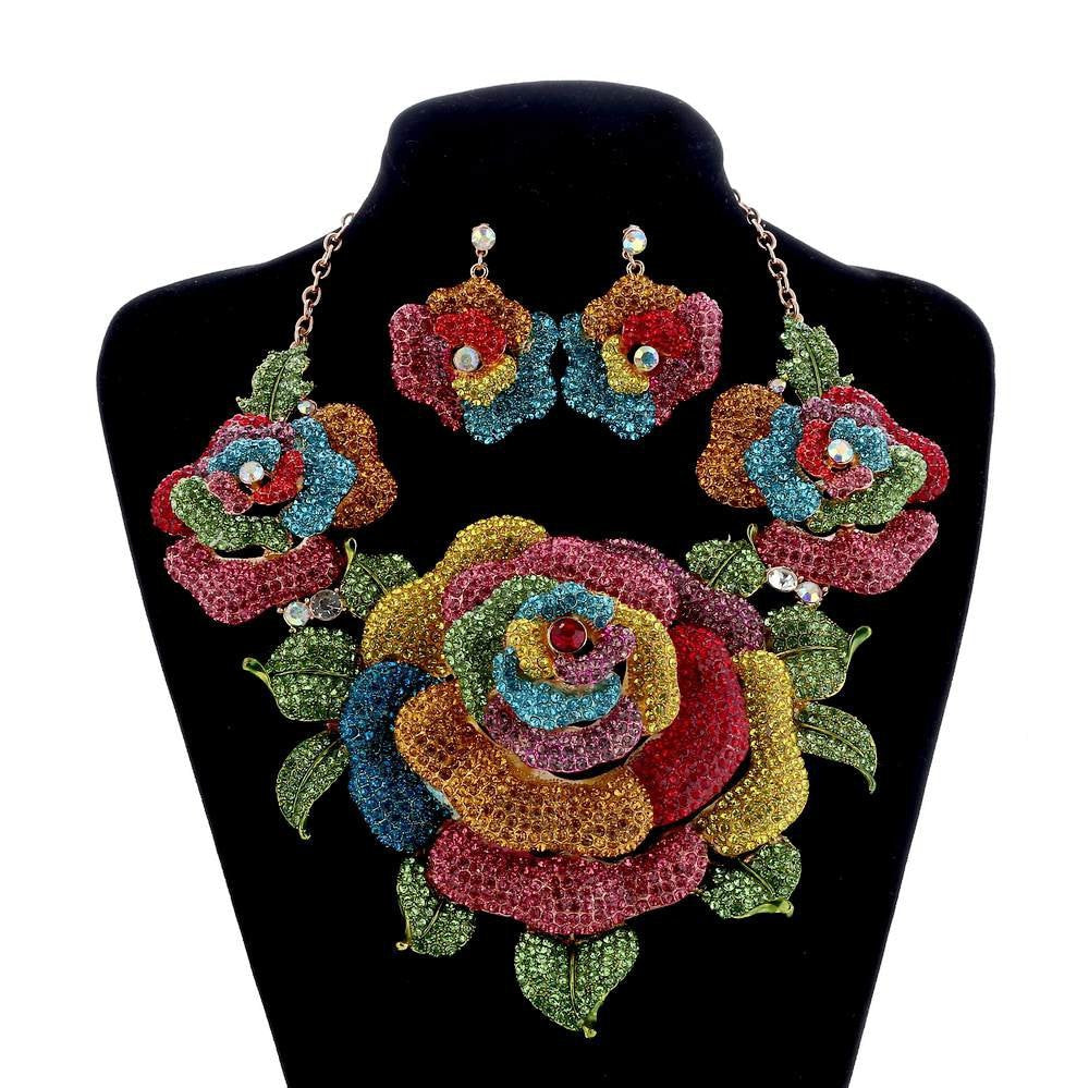 Bridal Jewelry Sets Crystal Rhinestone Exaggerated Flower Wedding Necklace and Earrings Set For Women Trendy Party Jewelry Sets
