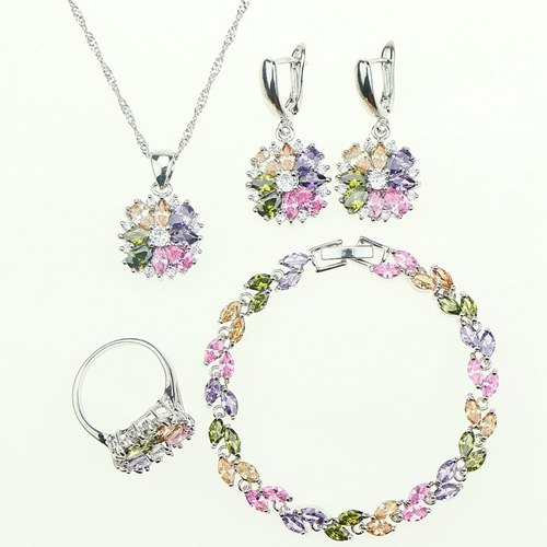 Bride 925 Sterling Silver Jewelry Sets For Women Flower With Multicolor Cubic Zirconia Necklace/Ring/Earrings/Bracelet/Pendant