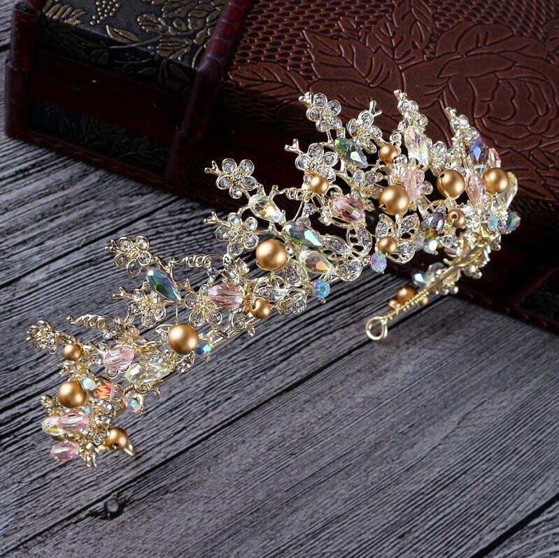 Brides Hair Jewelry Baroque Handmade Beaded Luxury Pink Gold Crowns Crystal Tiara Sweet Princess Tiaras Wedding Hair Accessories