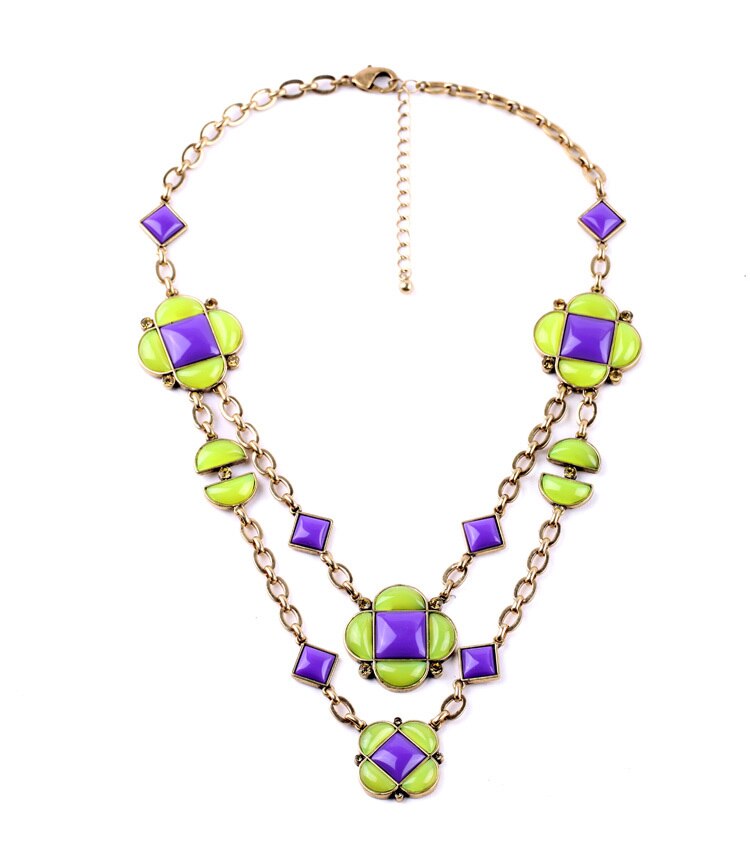 Bright Color Extension Chain Summer Fresh Resin Opaque Gem Flower Geometric Layer Purple Necklace