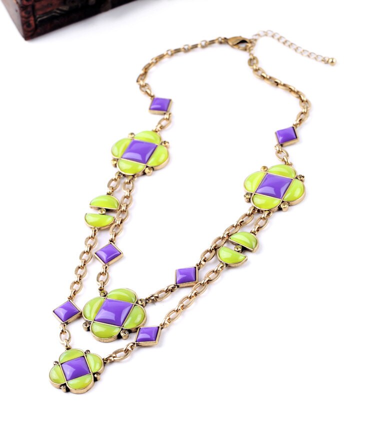 Bright Color Extension Chain Summer Fresh Resin Opaque Gem Flower Geometric Layer Purple Necklace