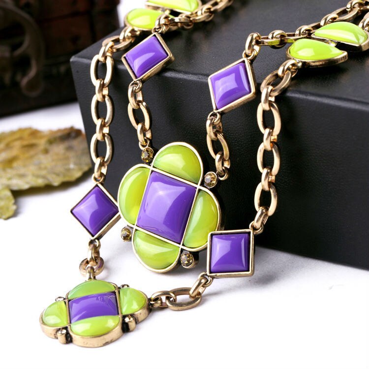Bright Color Extension Chain Summer Fresh Resin Opaque Gem Flower Geometric Layer Purple Necklace