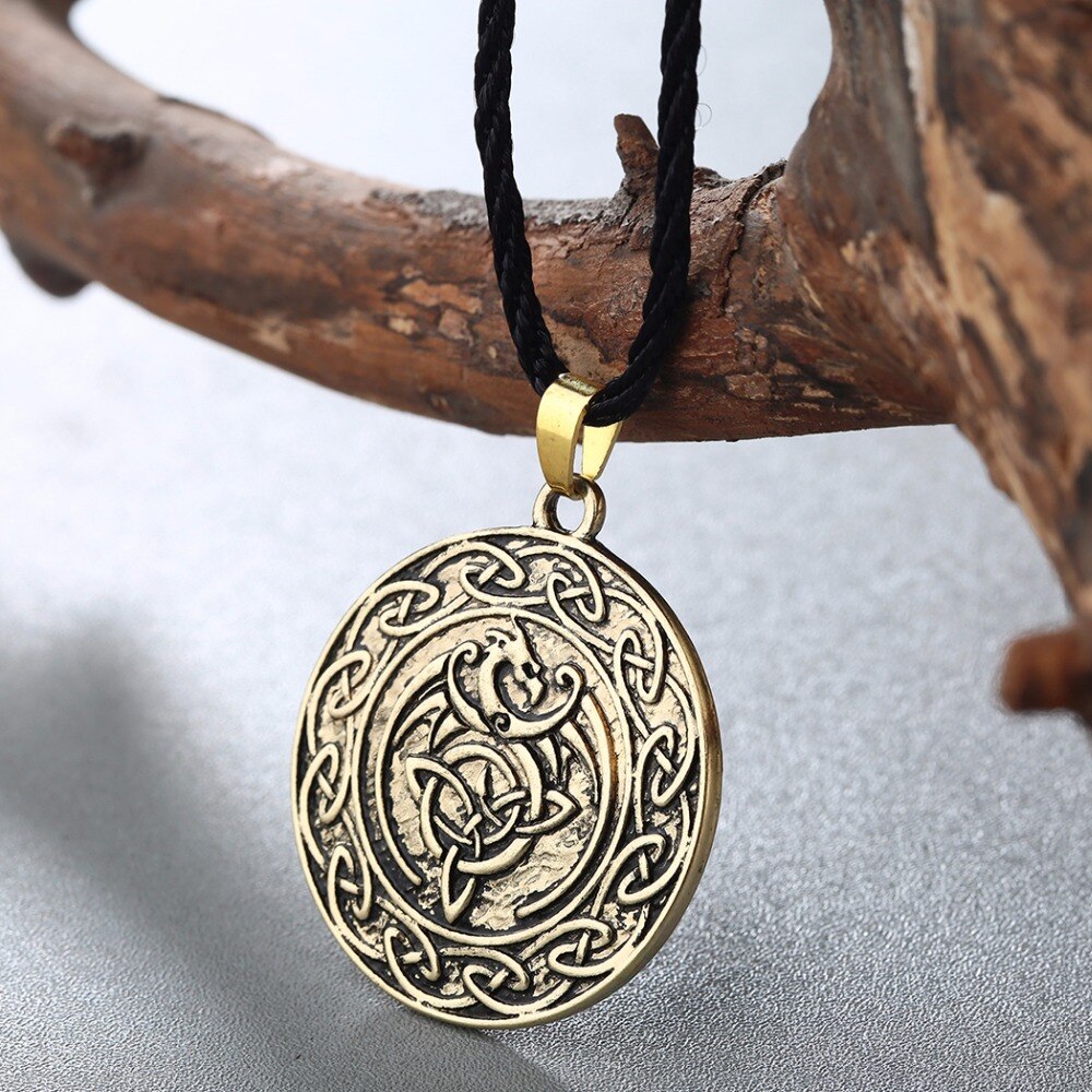 Bronze Round Women Vintage Necklace Valknut Double Side Viking Slavic talisman Knot Celtic Dragon Pendant Necklace Chokers