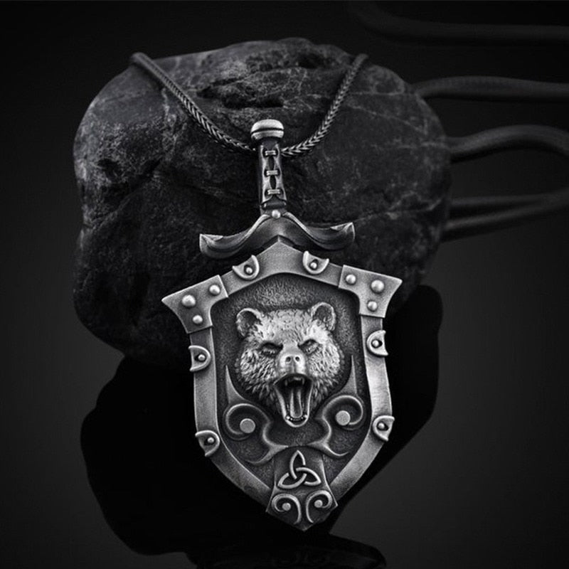 Brown Bear Shield Metal Pendant Men's Hip Hop Punk Necklace