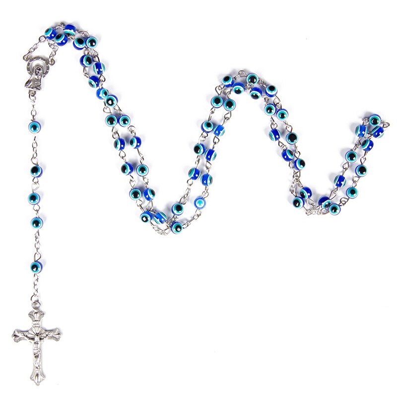 Brown Cat's Eye Beads Rosary Necklace Men Women Catholic Christ Jesus Praying Cross Holy Virgin Pendant Jewelry Gift