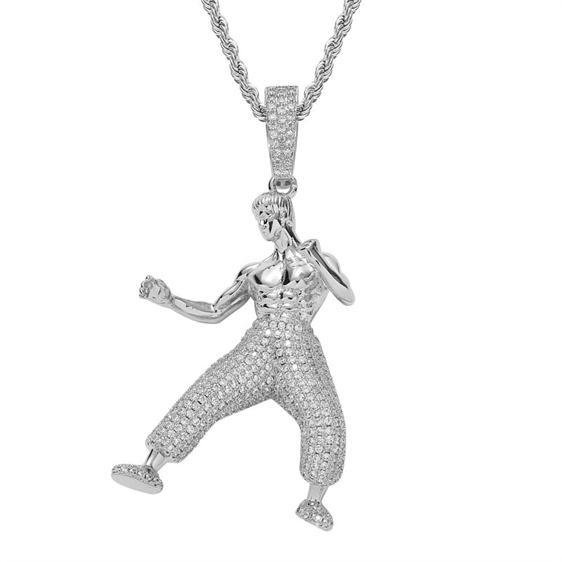 Bruce Lee Pendant Necklace Chinese Kung Fu Bling Iced Out Micro Pave Zircon Idol Hip Hop Pendant Jewelry