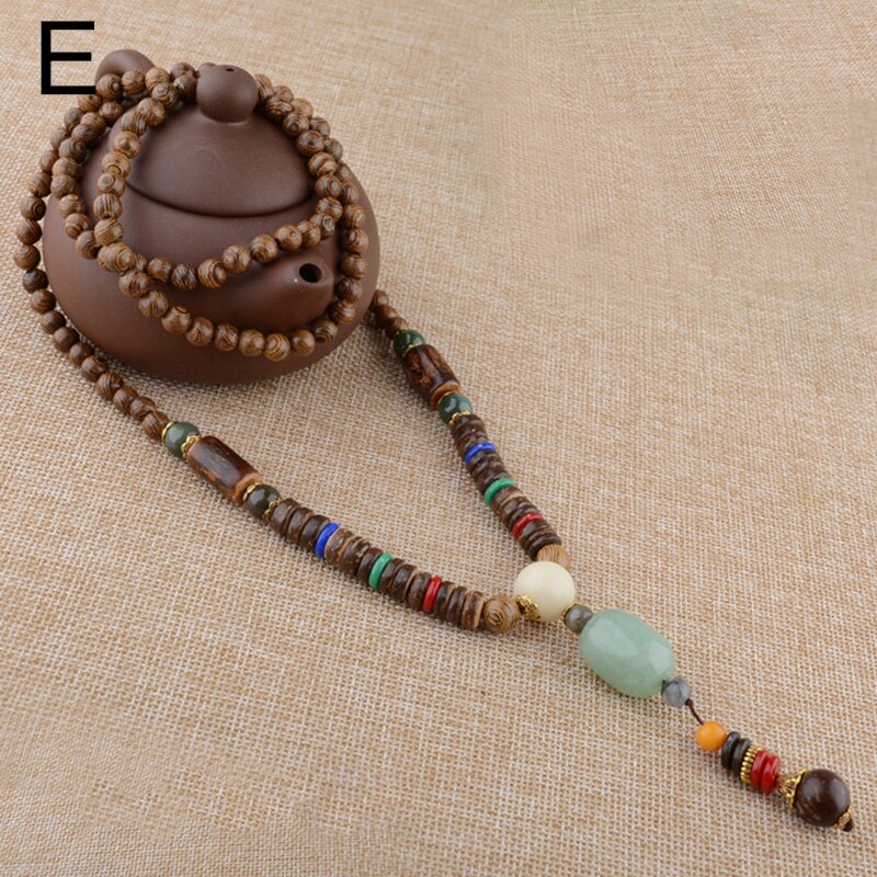 Buddhist Wood Beaded Pendant Necklace Elegant Vintage Long Ethnic Bohemian Buddha Lucky Jewelry on The Neck