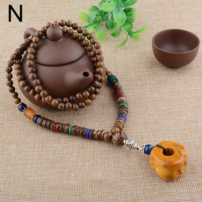 Buddhist Wood Beaded Pendant Necklace Elegant Vintage Long Ethnic Bohemian Buddha Lucky Jewelry on The Neck