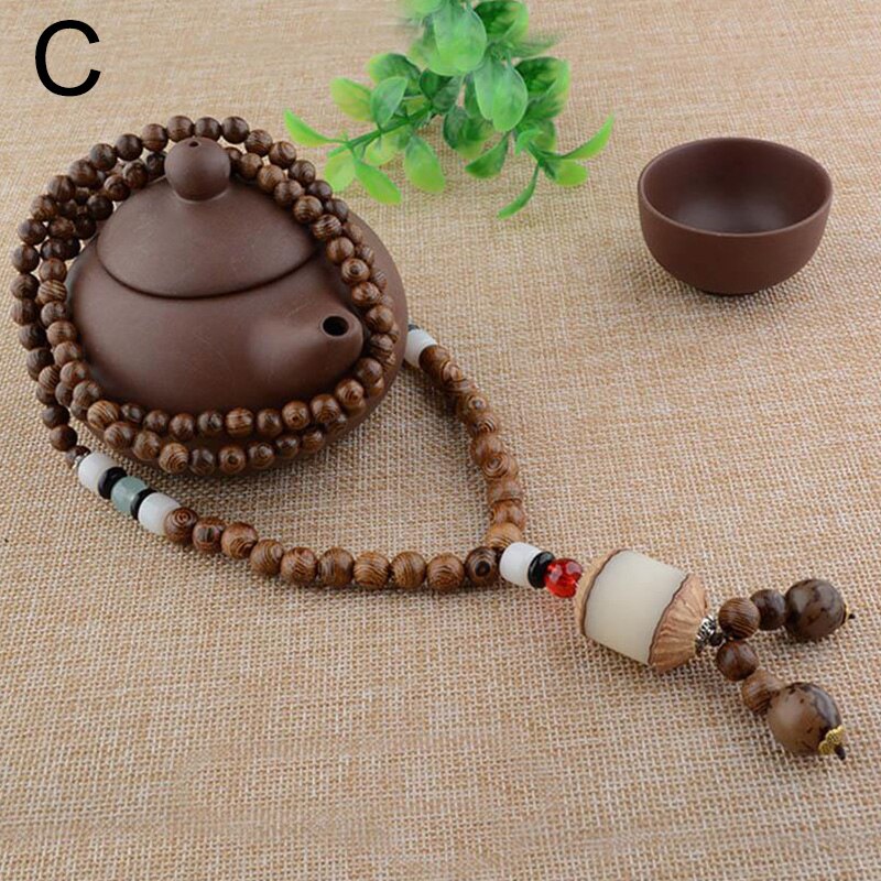 Buddhist Wood Beaded Pendant Necklace Elegant Vintage Long Ethnic Bohemian Buddha Lucky Jewelry on The Neck