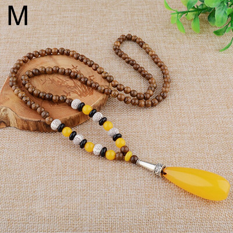 Buddhist Wood Beaded Pendant Necklace Elegant Vintage Long Ethnic Bohemian Buddha Lucky Jewelry on The Neck