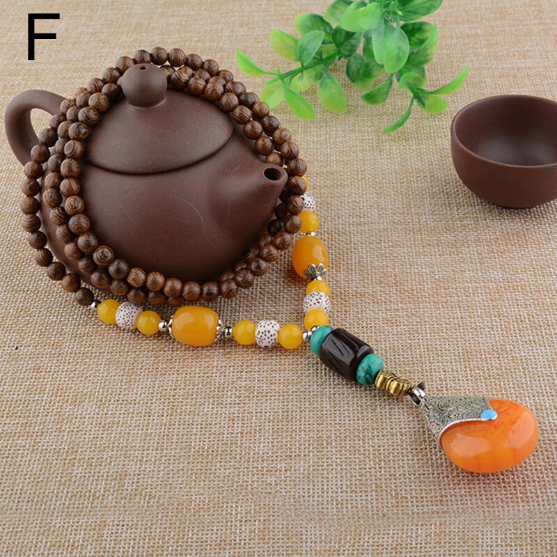 Buddhist Wood Beaded Pendant Necklace Elegant Vintage Long Ethnic Bohemian Buddha Lucky Jewelry on The Neck