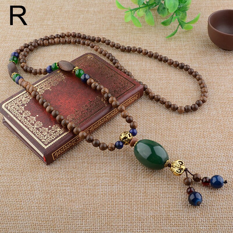 Buddhist Wood Beaded Pendant Necklace Elegant Vintage Long Ethnic Bohemian Buddha Lucky Jewelry on The Neck