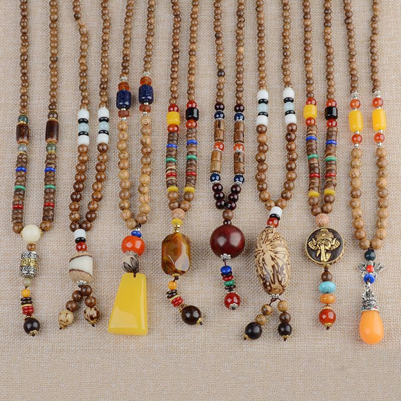 Buddhist Wood Beaded Pendant Necklace Elegant Vintage Long Ethnic Bohemian Buddha Lucky Jewelry on The Neck