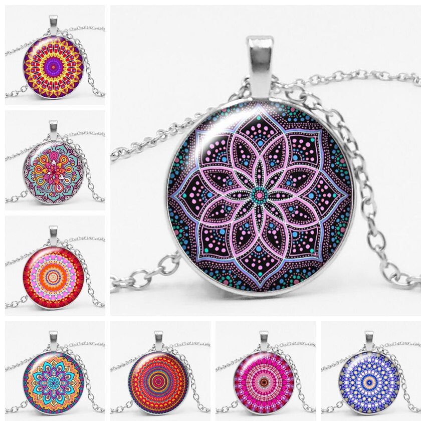 Buddhist Yoga Mandala Glamour Girl Famous Wind Kaleidoscope Series Time Glass Gem Necklace Round Pendant Choker Necklace