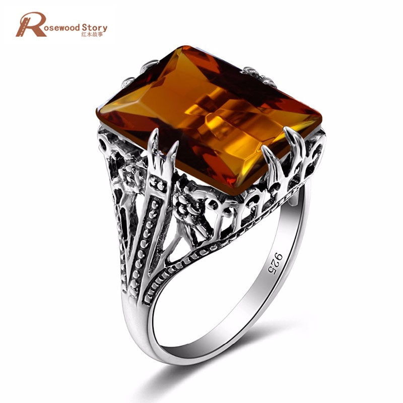 Bulgaria 100% Handmade Charm Female Ring 925 Sterling Silver Vintage Brown Amber Crystal Wedding Rings Fashion Jewelry