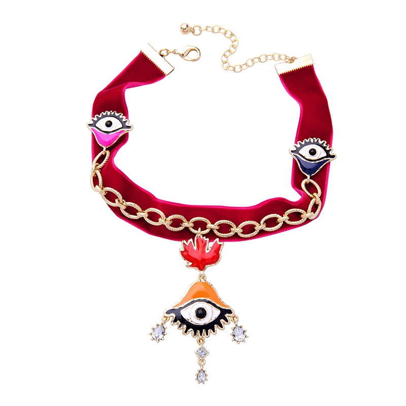 Bulk Price Red Velvet Strip Shell Eye Crystal Enamel Charm Necklace New Fashion Trending Female Red Ribbon Chokers Necklace