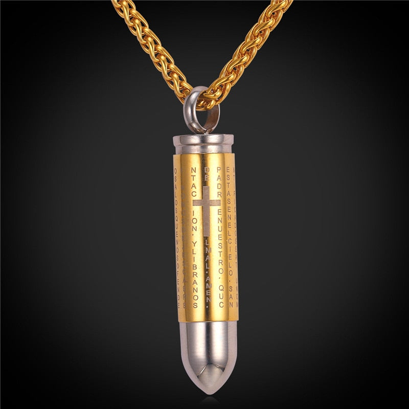 Bullet Pendant Charms Necklace Jewelry 316L Stainless Steel/Gold Color Chain For Men Cross Prayer Necklace GP2104