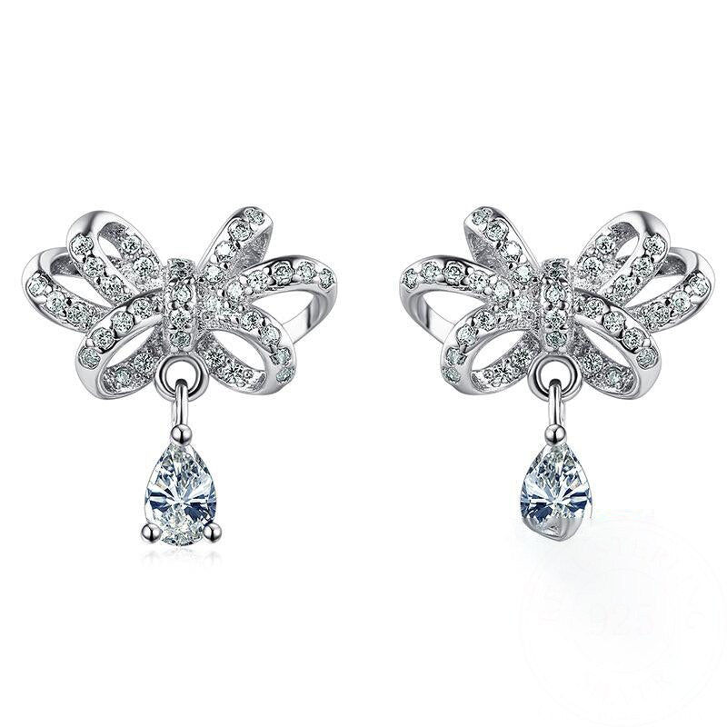 Butterfly 925 Stamp Silver Color Jewelry  Water Drop Zircon Stud Earrings For Women Vintage Trendy Wedding Girls Gift