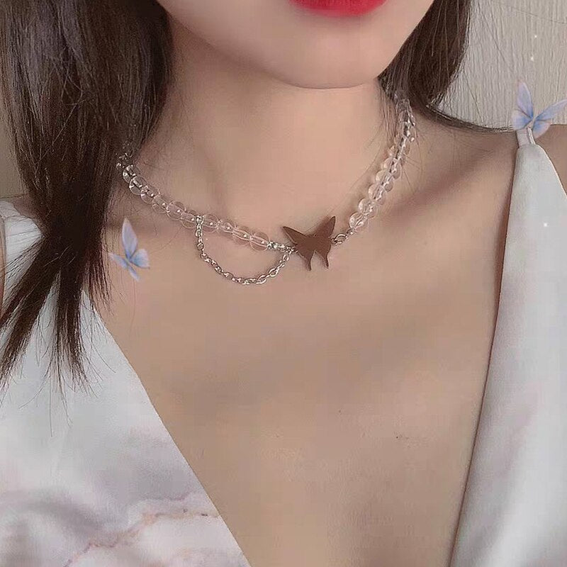 Butterfly Female Necklace Cold Wind Transparent Round Bead Chain Cute Butterfly Clavicle Chain