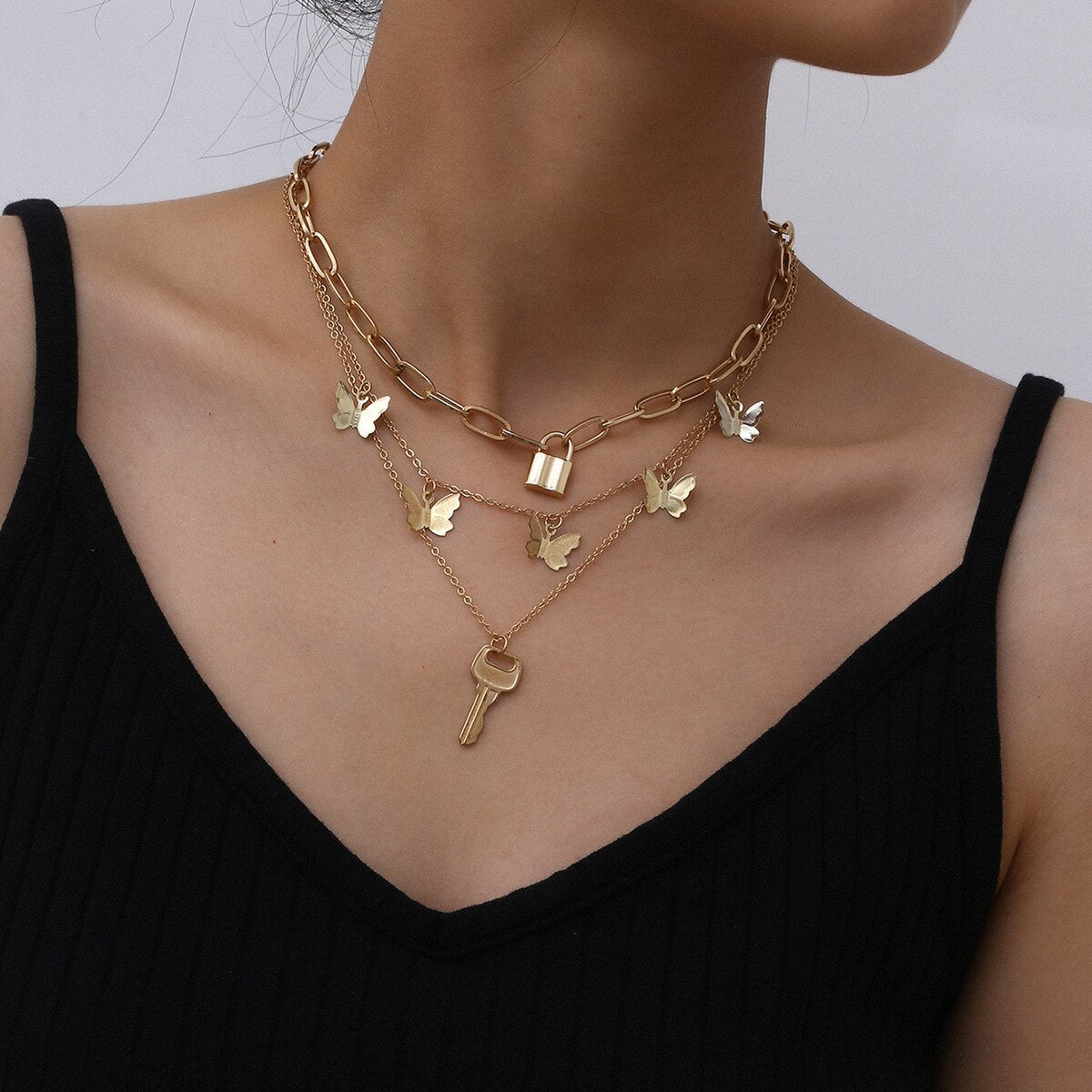 Butterfly Multilayer Key Lock Pendant Necklace  Retro Geometric Gold&Silver Color Layered Collar Necklace Jewelry Gift