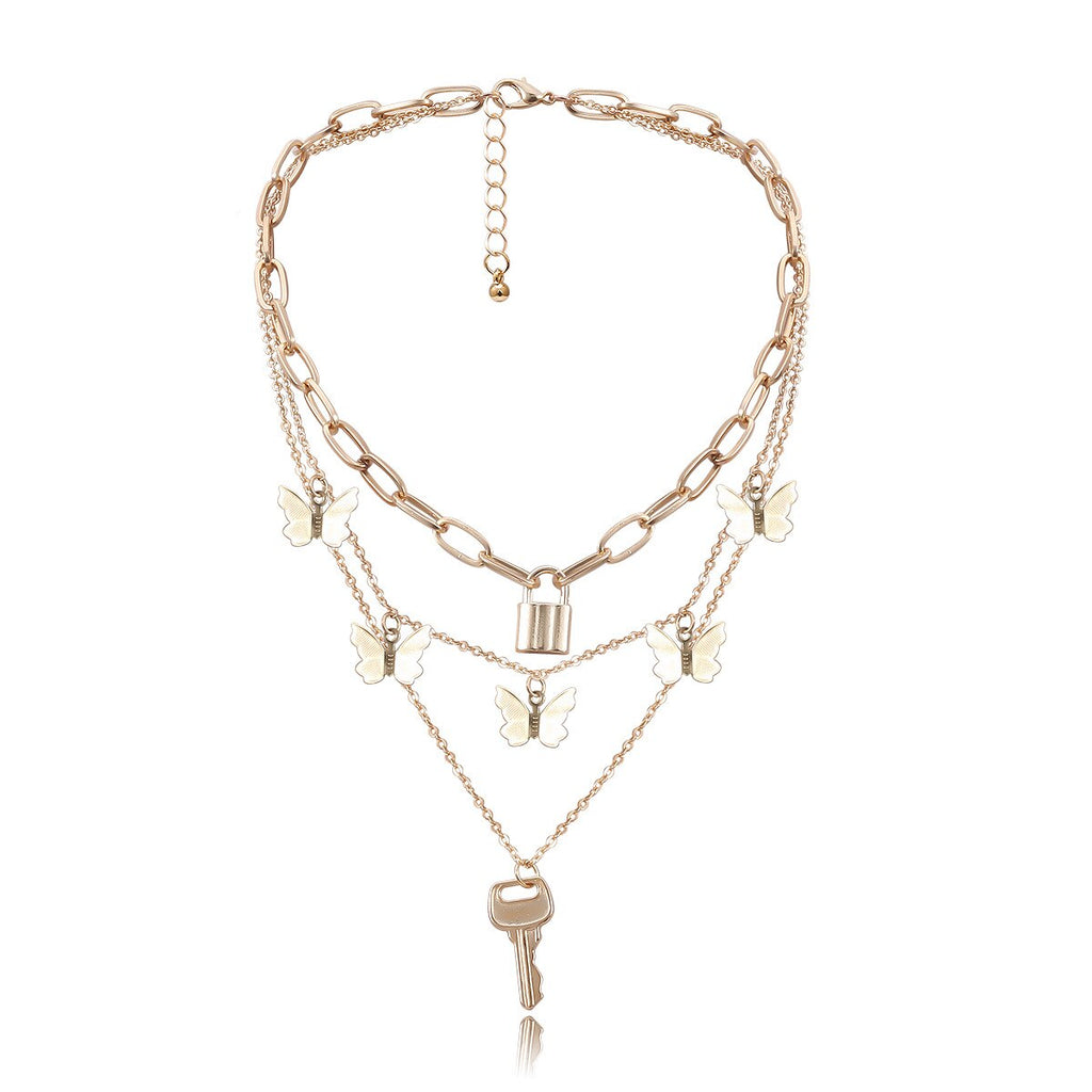 Butterfly Multilayer Key Lock Pendant Necklace  Retro Geometric Gold&Silver Color Layered Collar Necklace Jewelry Gift