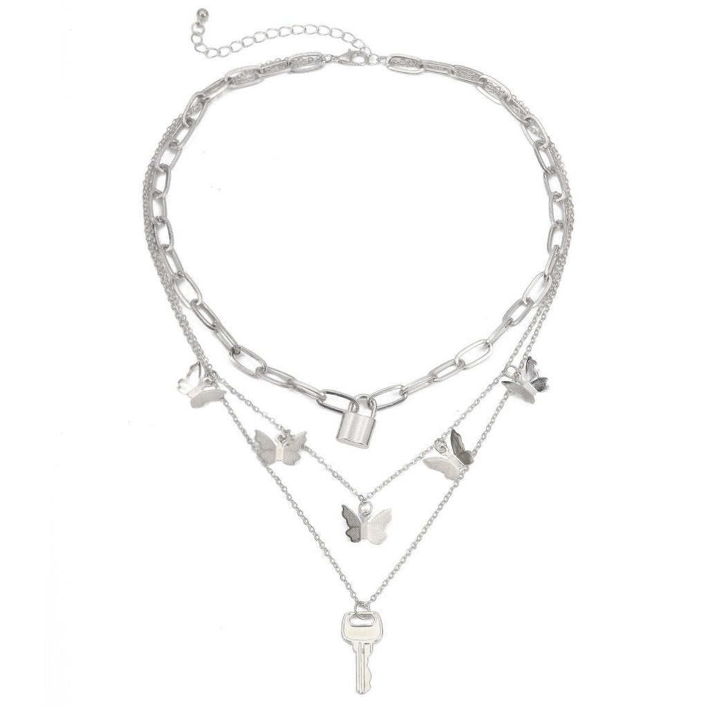 Butterfly Multilayer Key Lock Pendant Necklace  Retro Geometric Gold&Silver Color Layered Collar Necklace Jewelry Gift