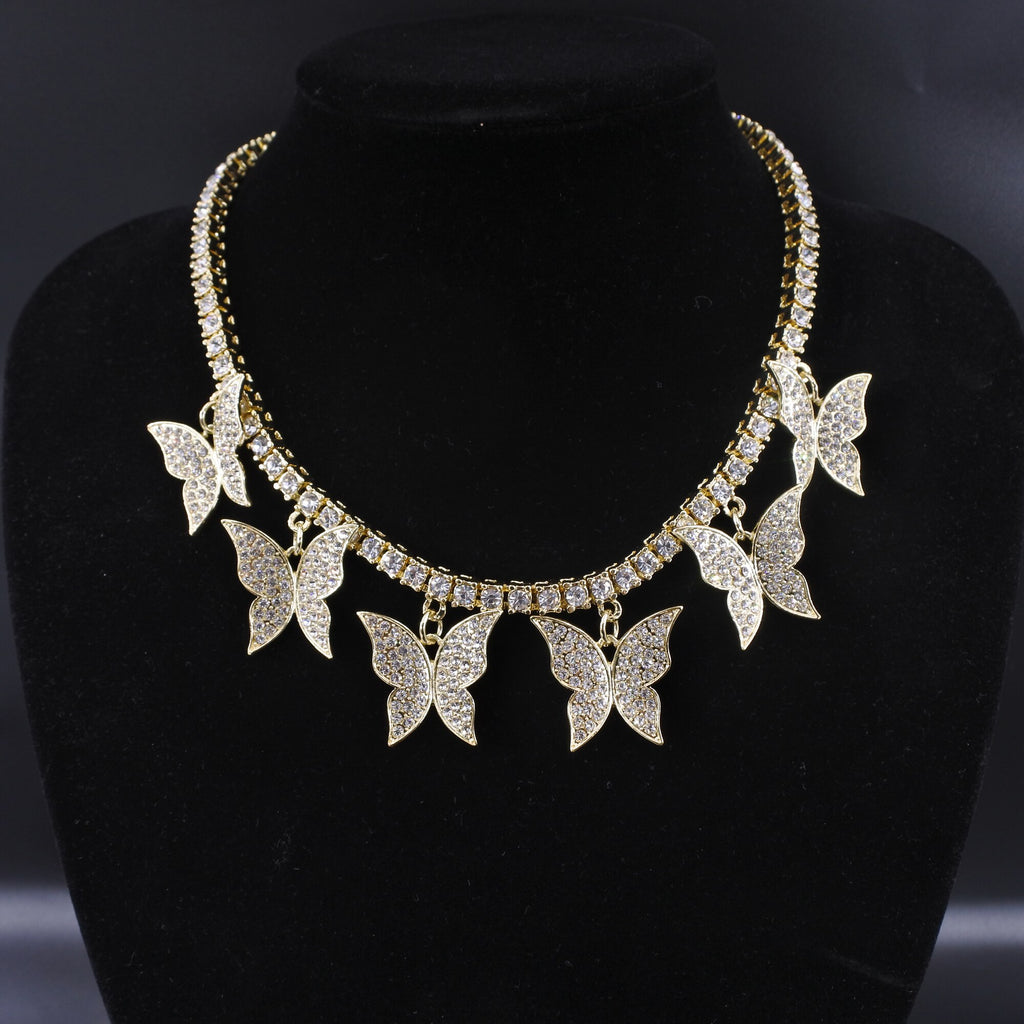 Butterfly big charm chokers necklaces women jewelry 1 row tennis chain 16inch gold silver color bling hip hop rap rock design