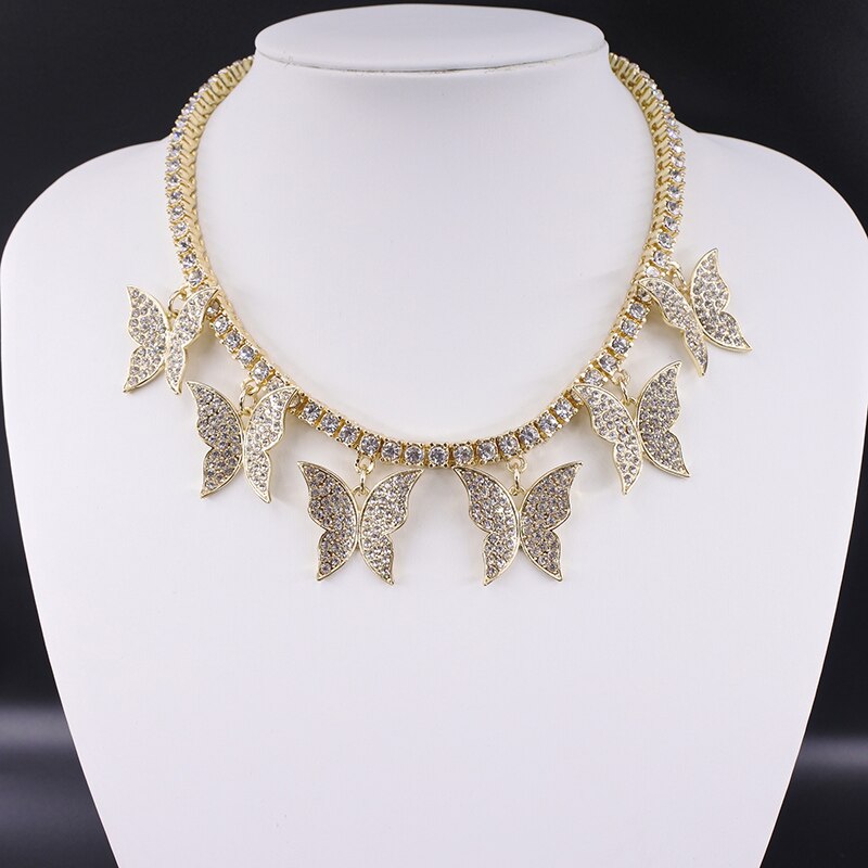 Butterfly big charm chokers necklaces women jewelry 1 row tennis chain 16inch gold silver color bling hip hop rap rock design