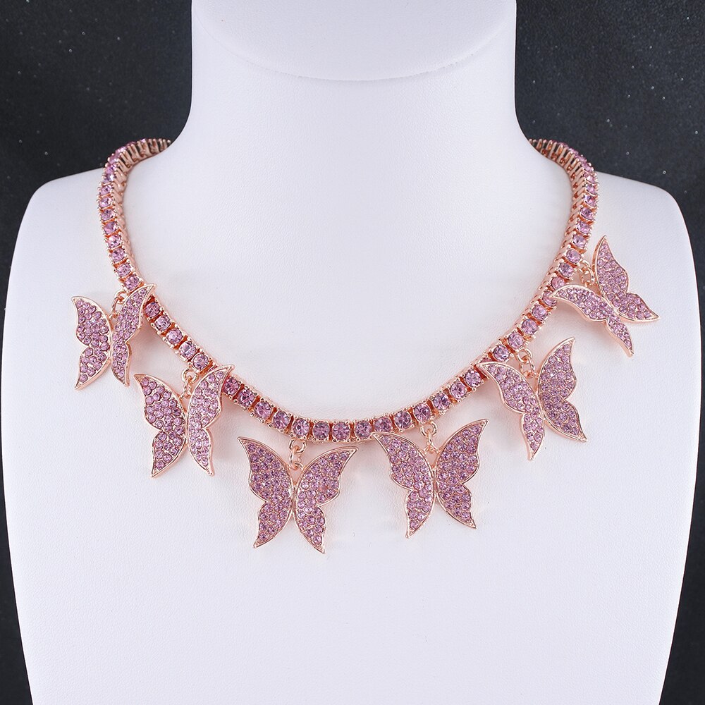 Butterfly big charm chokers necklaces women jewelry 1 row tennis chain 16inch gold silver color bling hip hop rap rock design