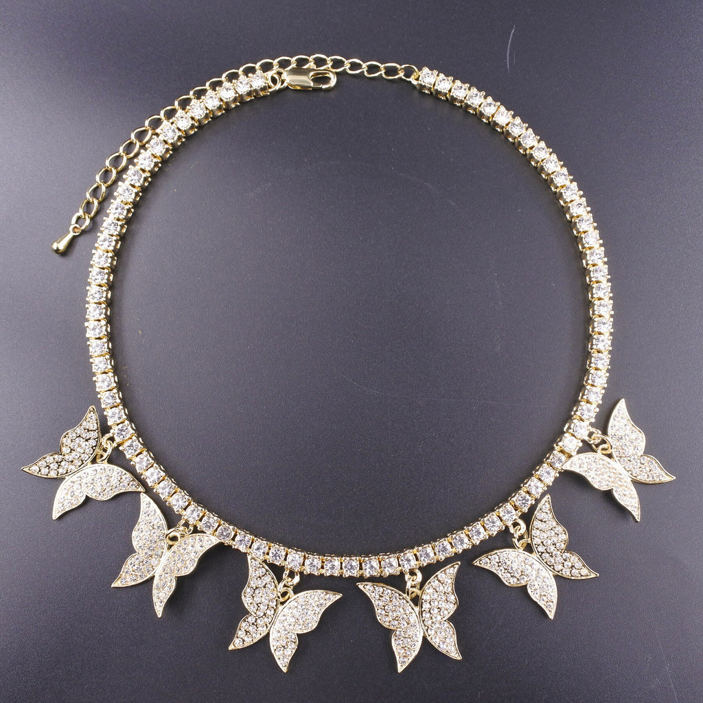 Butterfly big charm chokers necklaces women jewelry 1 row tennis chain 16inch gold silver color bling hip hop rap rock design