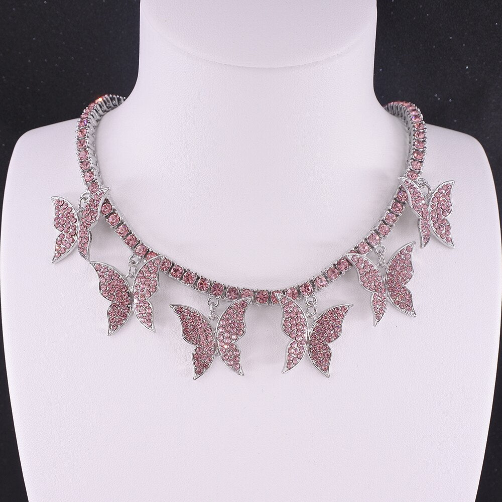 Butterfly big charm chokers necklaces women jewelry 1 row tennis chain 16inch gold silver color bling hip hop rap rock design
