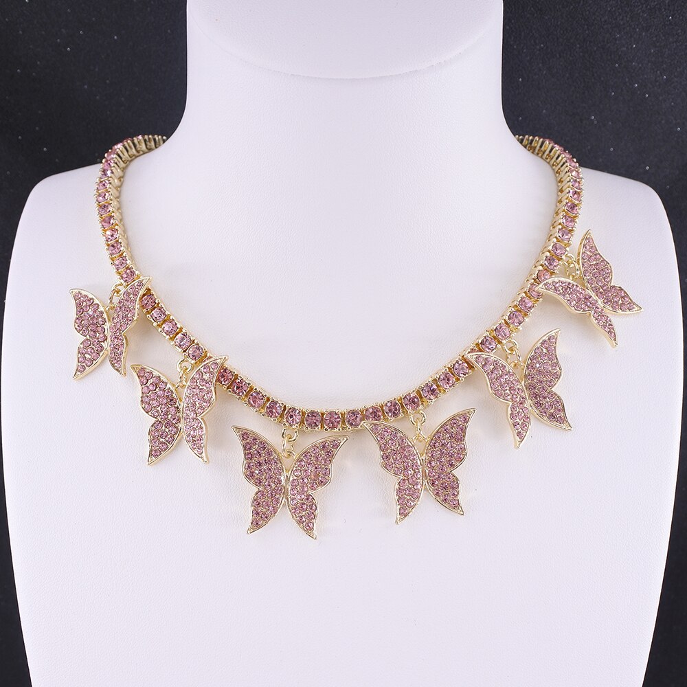 Butterfly big charm chokers necklaces women jewelry 1 row tennis chain 16inch gold silver color bling hip hop rap rock design