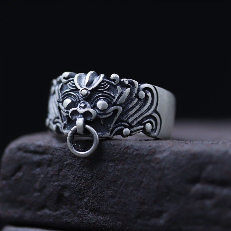 C&R 999 pure Sterling Silver Rings for Women men Sculpture guardian animal silver ring adjustable Fine Jewelry