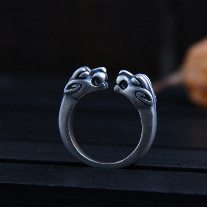 C&R Pure S999 Sterling Silver Rings for Women Vintage personalized handmade silver double leopard head beast ring Fine Jewelry
