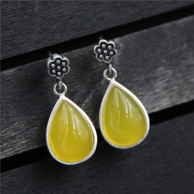 C&R Real 925 Sterling Silver drop earrings for women Retro yellow chalcedony earrings Thai Silver earring female Fine Jewelry