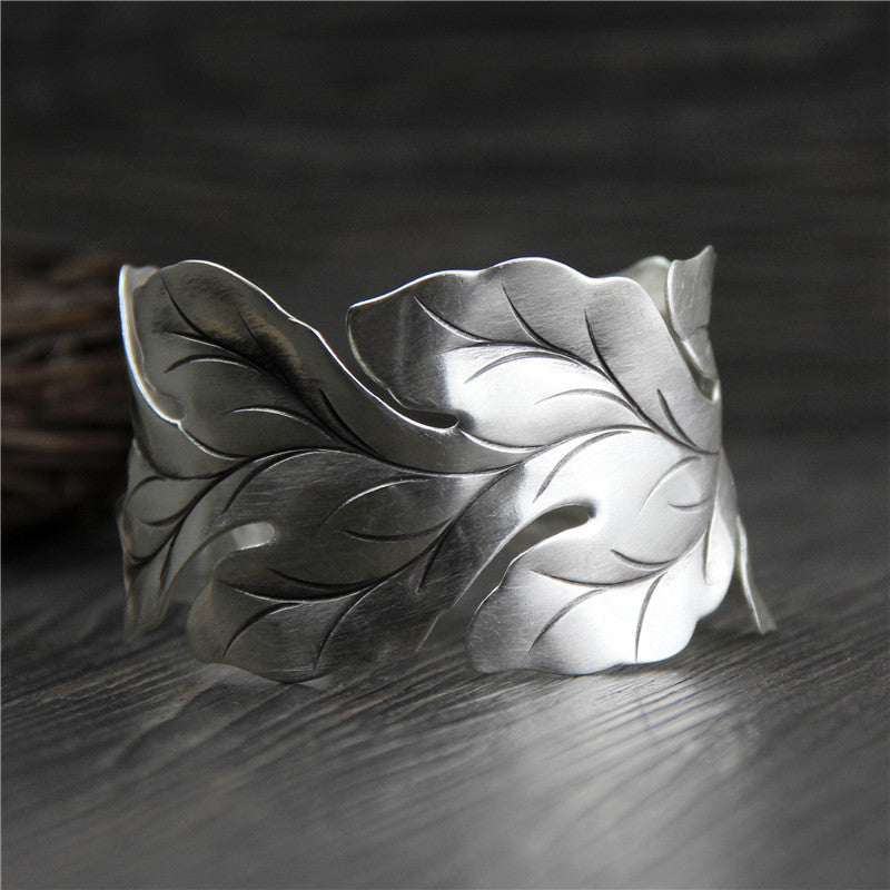 C&R Real 999 Sterling Silver bangle bracelet for women Wide leaf leaves bangles Vintage open Thai Silver bracelets Fine Jewelry