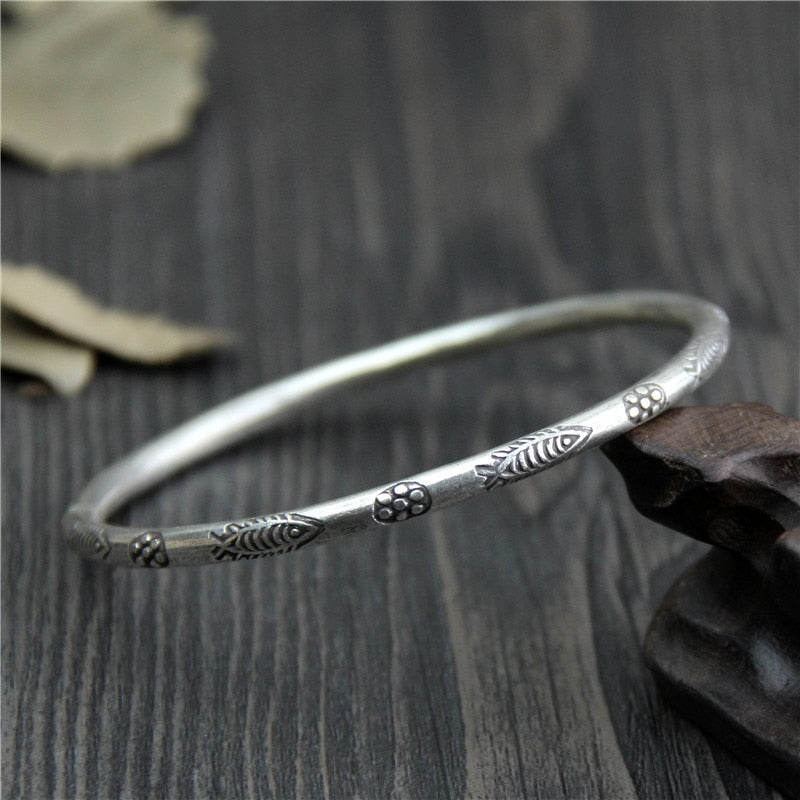 C&R Real 999 Sterling Silver bangle bracelet for women hand-carved fish Thai Silver bangles vintage Fine Jewelry