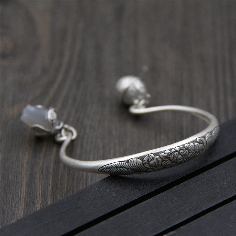 C&R Real 999 Sterling Silver bangles for women bracelet Carved peony flower with Bell jade opening bracelets Fine Jewelry