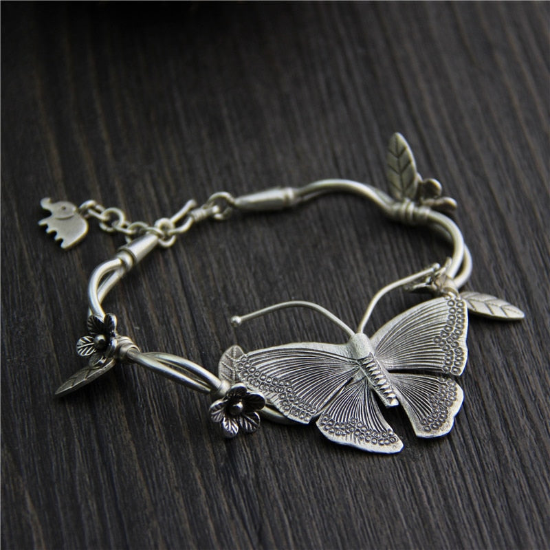 C&R Real S925 Sterling Silver Bracelet for Women Butterfly Charm Bracelet Thai Silver Handmade Bracelets Fine Jewelry