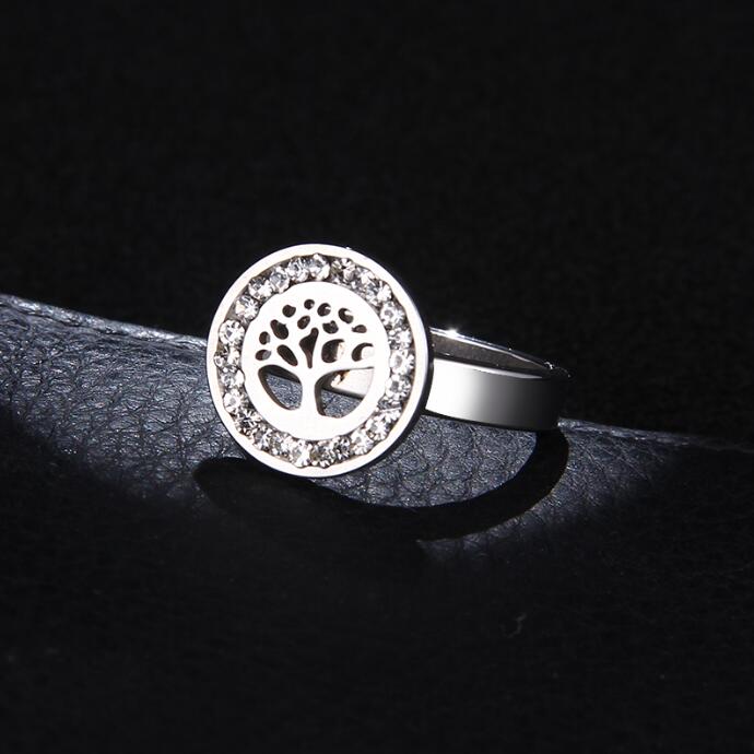 High Quality Fashion Crystal Tree Classical Stainless Steel Rings For Women Hollow Jewelry Christmas Gift