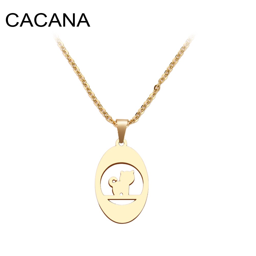 CACANA Stainless Steel Necklace For Women Man Thinking Cat Pendant Choker Necklace Engagement Jewelry