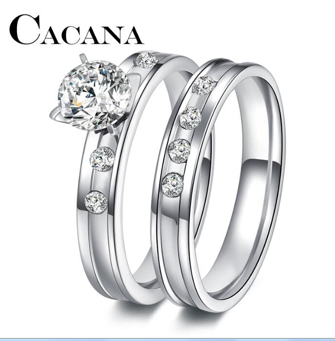 Stainless Steel Wedding Ring For Lovers IP SILVER Color Crystal CZ Couple Rings Set Men Women Engagement Wedding Rings