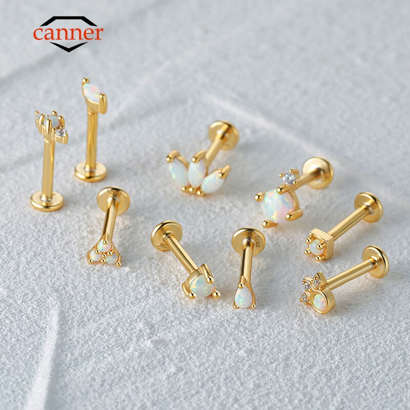 CANNER 925 Sterling Silver Opal Piercing Earring for Women Exquisite Crown Ear Studs Cartilage Earring Body Jewelry Gift 1piece