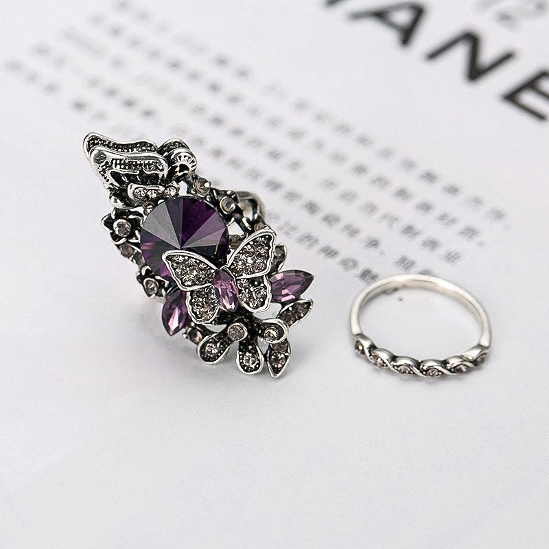 CC Ethnic Style Vintage Rings For Women Butterfly Purple Stone Personality 2 pcs Double Ring Set Hyperbole Party Anillos CC736