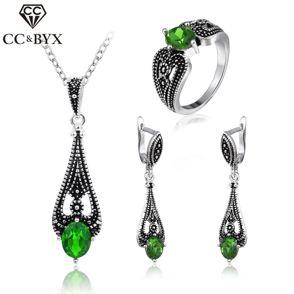CC Jewelry Silver Color Vintage Green Stone CZ Set Earring Necklace Ring Fashion Set For Women Party Gift CCAS117