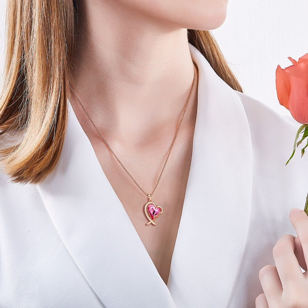 CDE Women Gold Color Love Heart Pendant Necklace with Pink Crystal Handmade Design Jewelry Promise Gifts